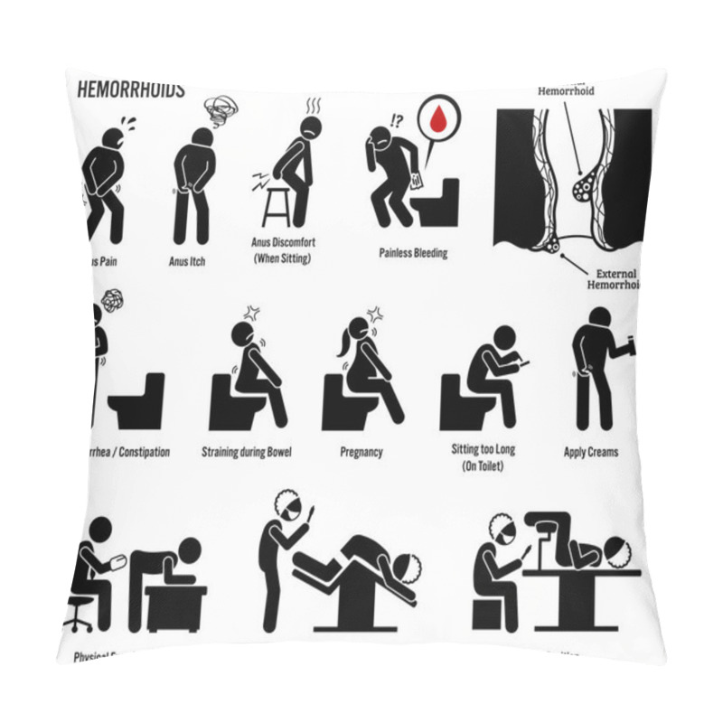 Personality  Hemorrhoids And Piles Icons. Pictogram And Diagrams Depicts Signs, Symptoms, Diagnosis, Examination, Surgery, And Treatment Of Hemorrhoids And Piles By Urologist And Doctor. Pillow Covers