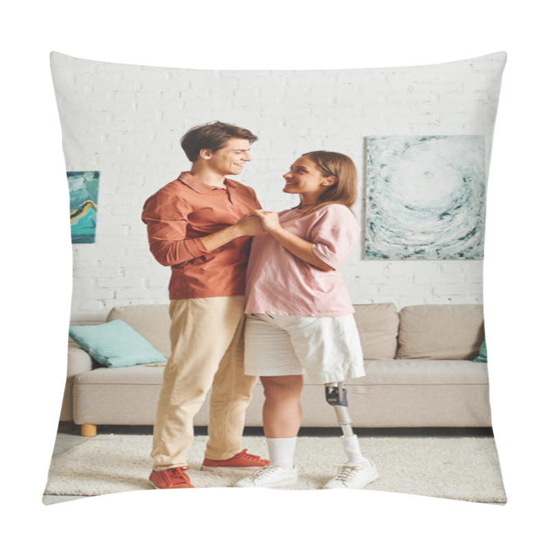 Personality  A Woman With A Prosthetic Leg And Her Boyfriend Smile In A Living Room, Holding Hands. Pillow Covers