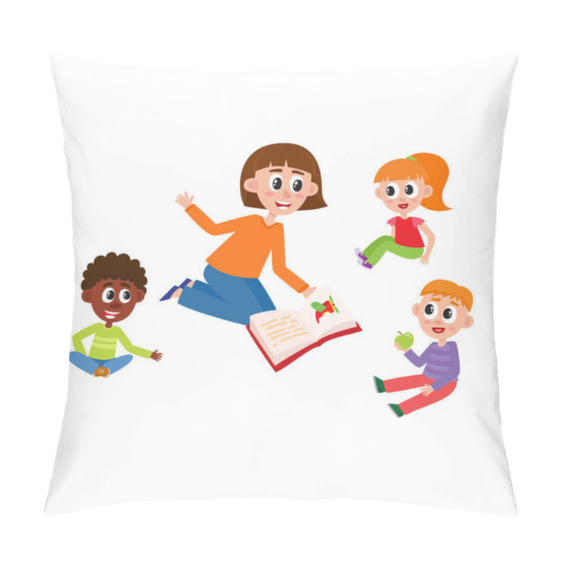 Personality  Vector Flat Cartoon Children Sitting Around Woman Pillow Covers