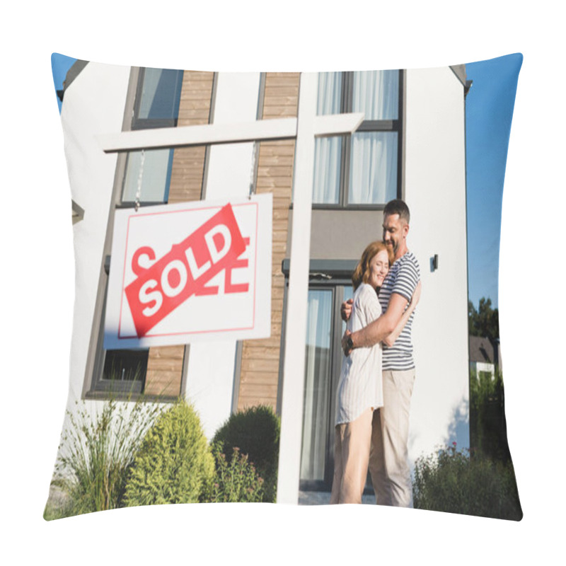 Personality  Happy Couple Embracing While Standing Near Sign With Sold Lettering On Foreground Pillow Covers