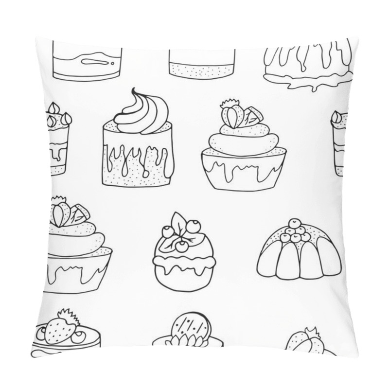 Personality  Hand Drawn Pattern Background Of Different Puddings, Desserts And Cakes With Cream And Berries.Monochrome Vector Illustrations In Sketch Style. Pillow Covers