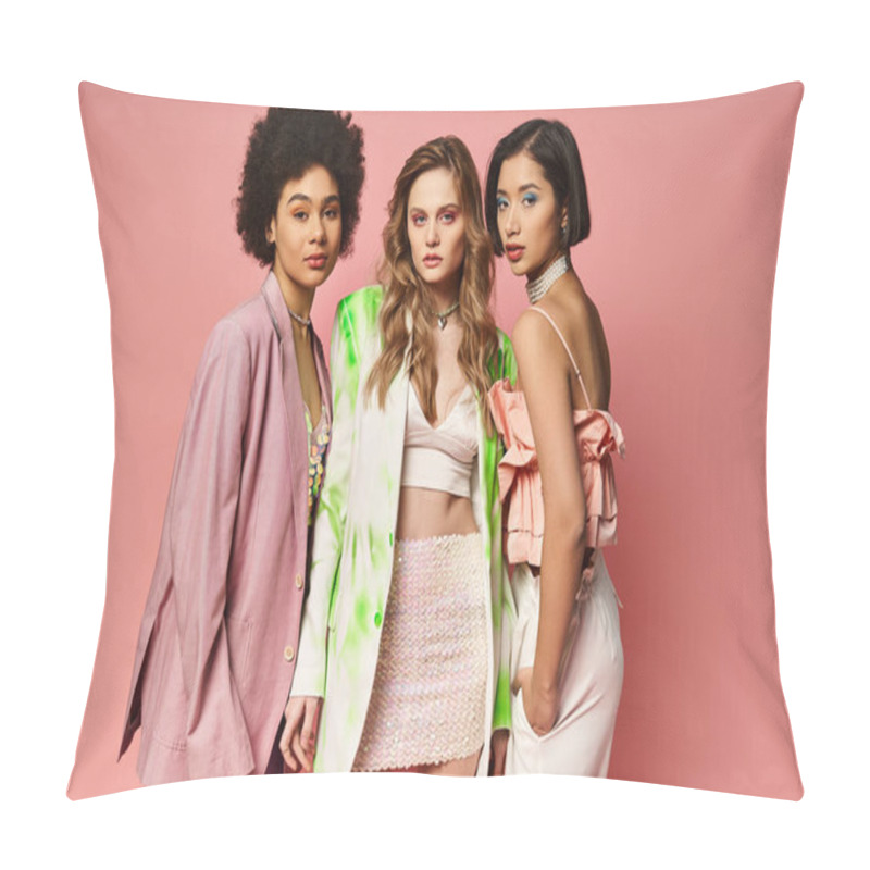 Personality  A Diverse Group Of Women, Including Caucasian, Asian, And African American, Stand Together Against A Pink Studio Background. Pillow Covers