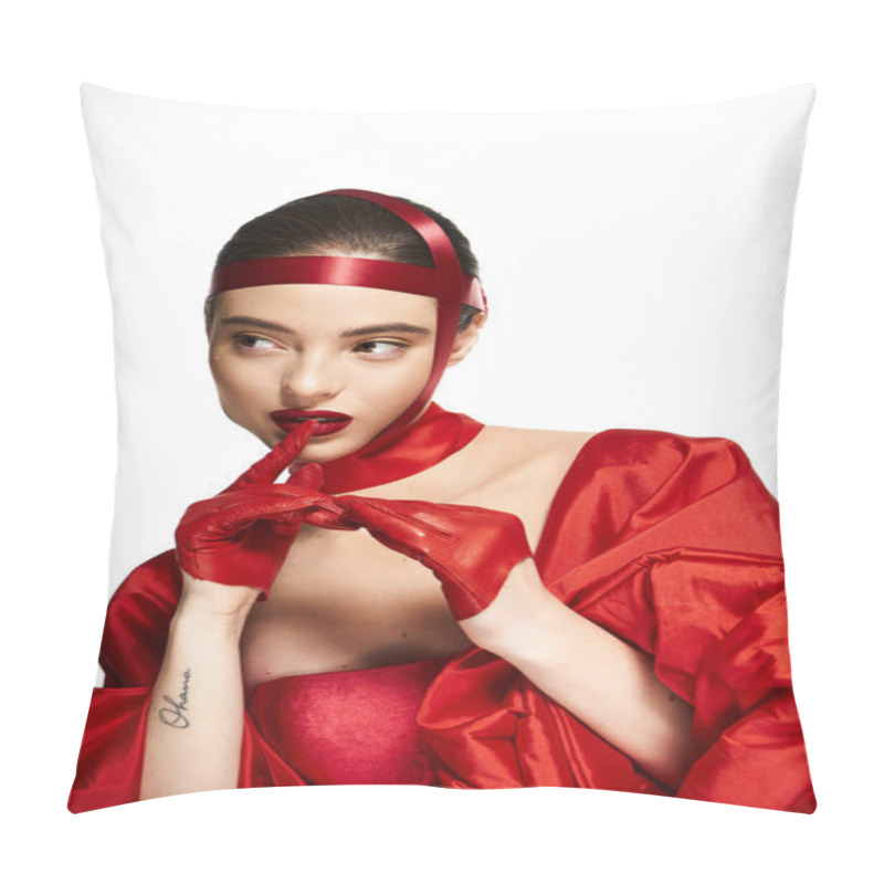 Personality  A Captivating Woman Dressed In Red Gestures Playfully With A Hint Of Mystery In Her Pose. Pillow Covers