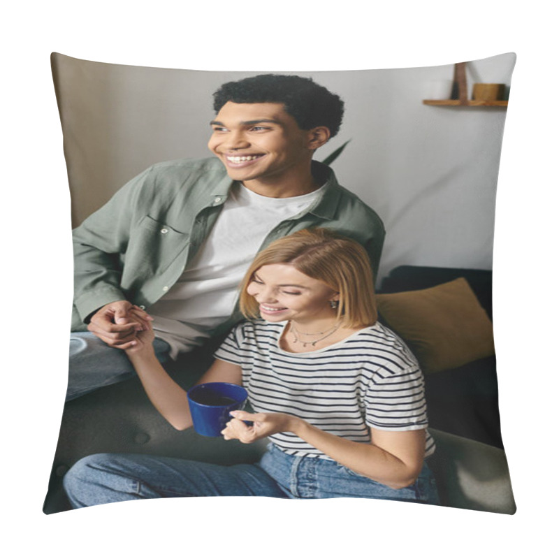 Personality  A Young Interracial Couple Smiles At Each Other, Enjoying A Relaxed Afternoon In Their Modern Apartment. Pillow Covers