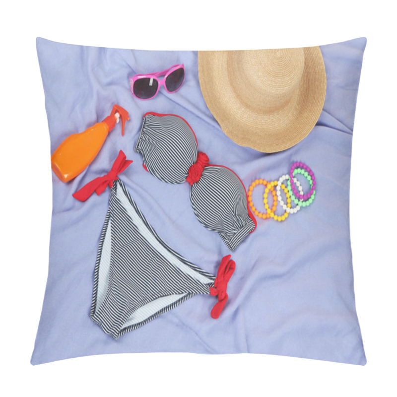 Personality  Swimsuit And Beach Items On Purple Background Pillow Covers