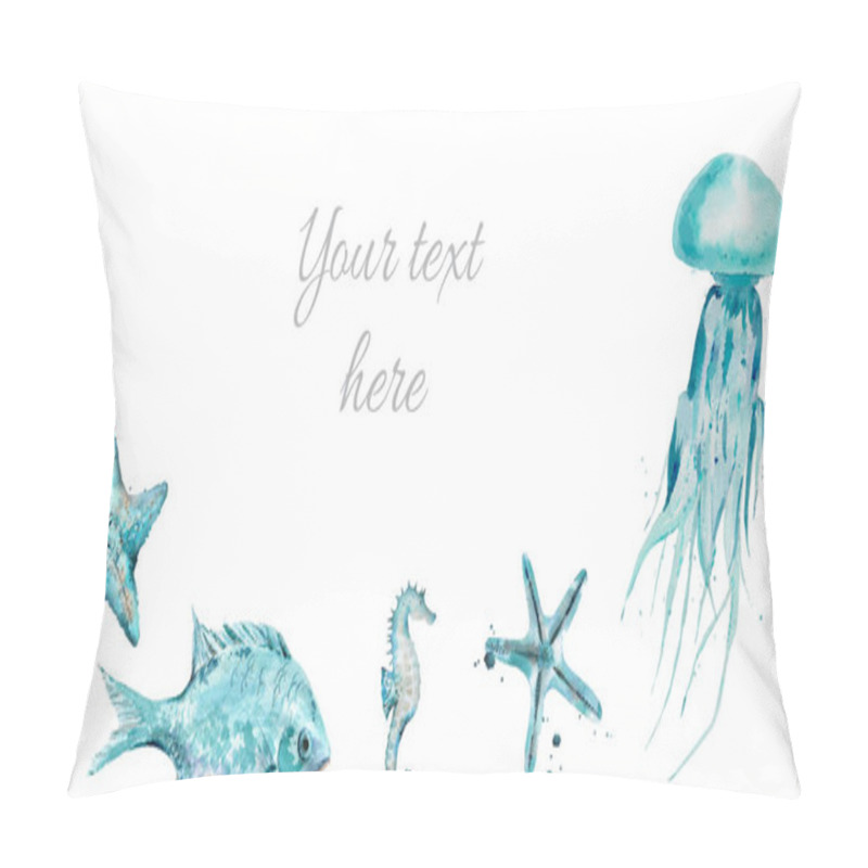 Personality  Watercolor Blue Sea Creatures Border. Watercolour Illustration Isolated On White Background. Pillow Covers