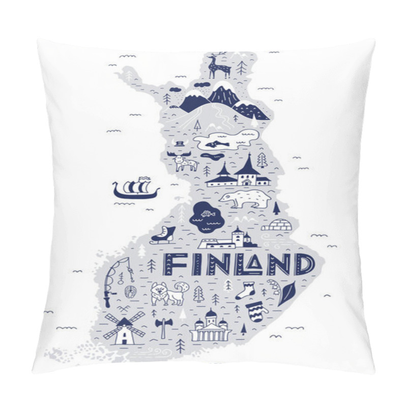 Personality  Finland Cartoon Map. Hand-drawn Touristic Map Of The Country With Main Attractions. Pillow Covers