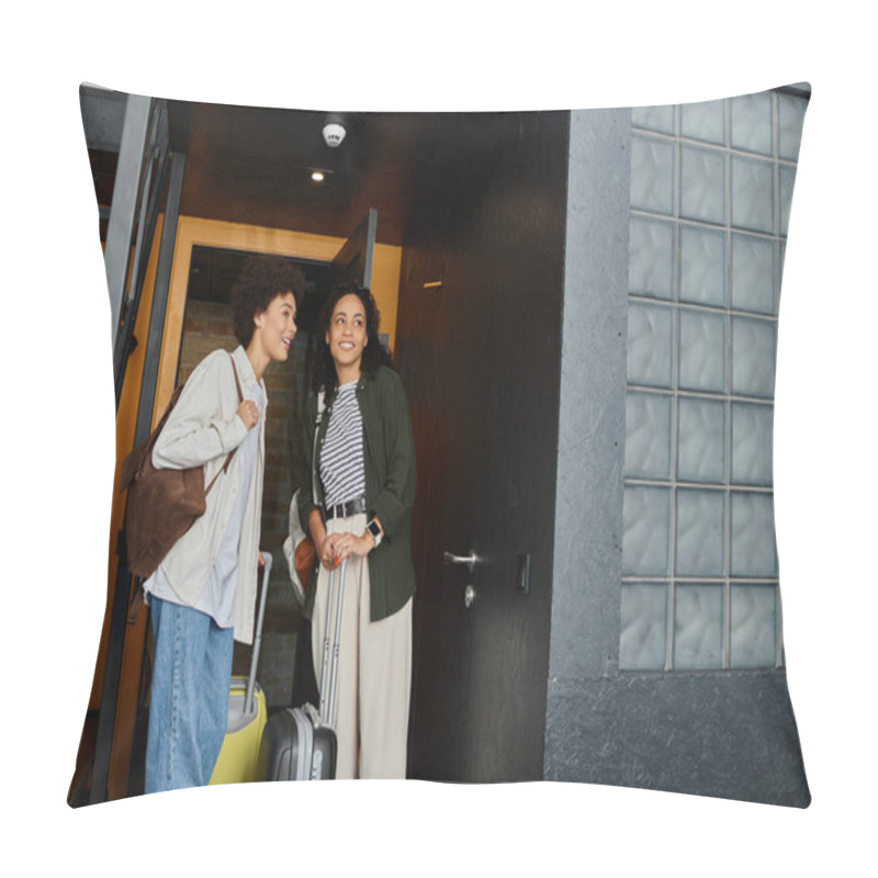 Personality  Two Women Share A Moment Of Joy While Exploring A Hostel On Their Travels Together. Pillow Covers