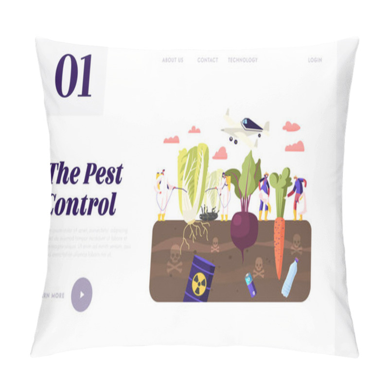 Personality  Pest Control Landing Page Template. Workers Characters In Chemical Protective Suit Insecticide And Pesticide With Sprayers On Huge Vegetables In Toxic Polluted Soil. Cartoon People Vector Illustration Pillow Covers