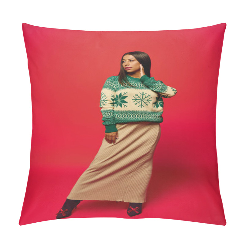 Personality  A Stylish Young Woman Confidently Showcases Her Holiday Outfit In A Vibrant Setting. Pillow Covers