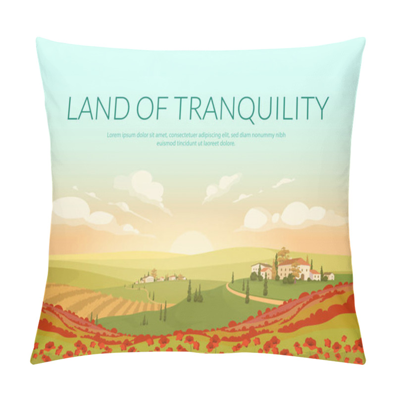 Personality  Land Of Tranquillity Poster Flat Vector Template. Italian Village Landscape Brochure, Booklet One Page Concept Design With Illustration. Classic Tuscan Scenery Flyer, Leaflet Pillow Covers