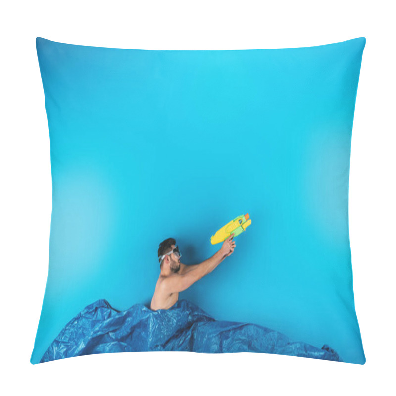 Personality  Young Man In Swimming Mask Shooting With Water Gun From Imagine Waves On Blue Pillow Covers