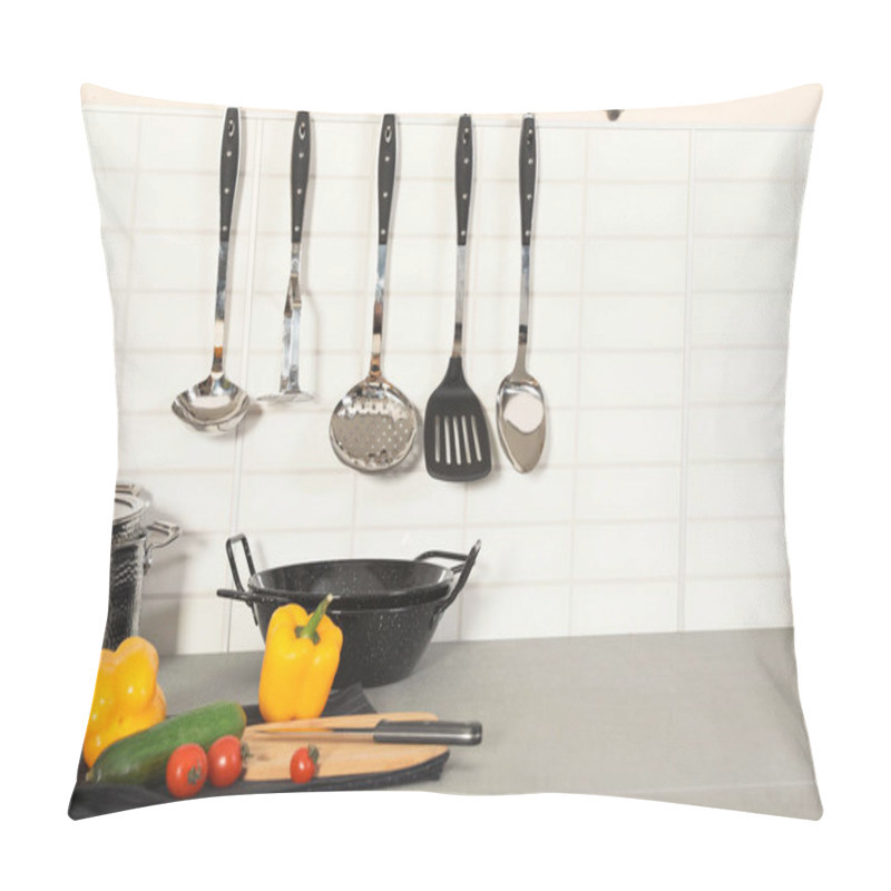 Personality  Set Of Clean Cookware, Utensils And Products On Table In Modern Kitchen. Space For Text Pillow Covers