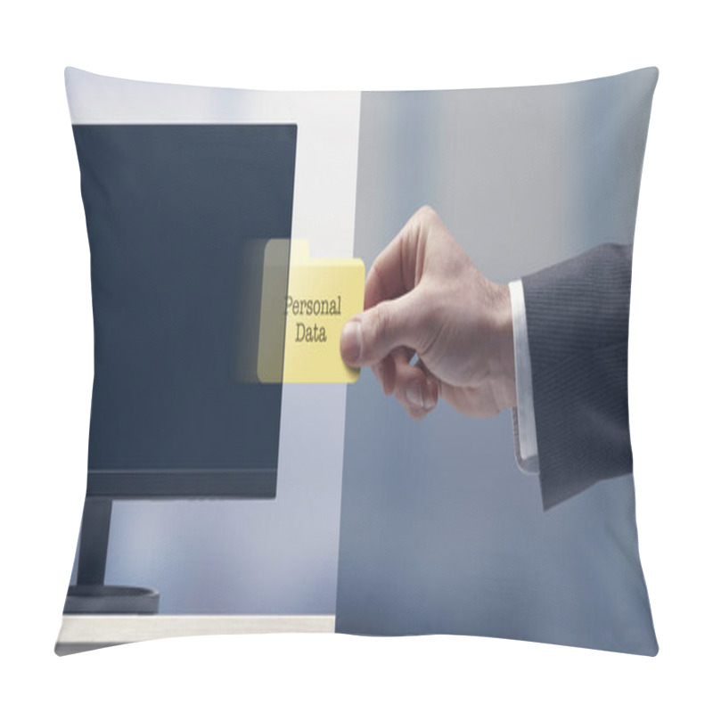 Personality  Corporate Businessman Taking Personal Data From A Computer, Privacy And Cybersecurity Concept Pillow Covers