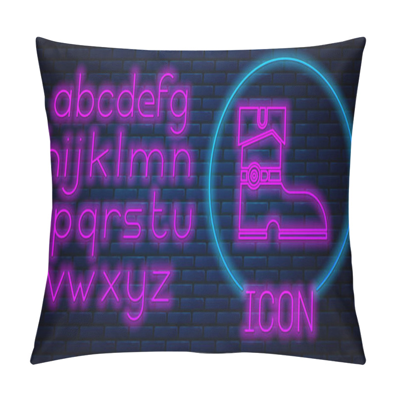 Personality  Glowing Neon Leather Pirate Boots Icon Isolated On Brick Wall Background. Neon Light Alphabet. Vector Illustration Pillow Covers