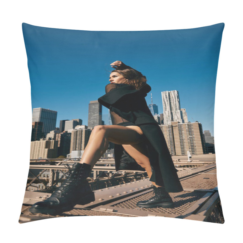 Personality  Woman In Black Clothing Dances On Brooklyn Bridge Against NYC Skyline. Pillow Covers