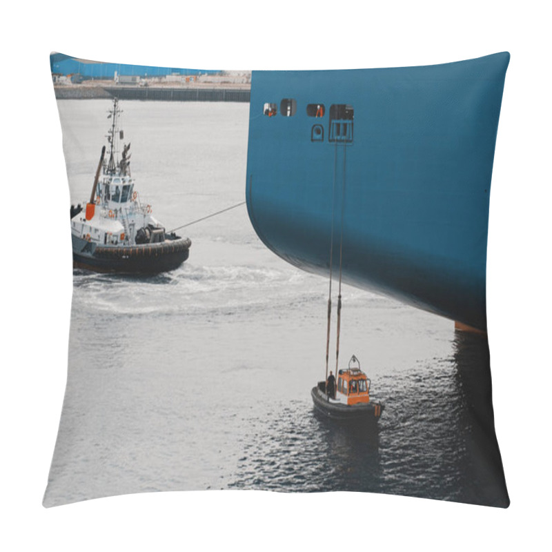 Personality  Mooring Operation. Docking Of The Cargo Vessel In The Port. Tug Boat And Linesmen In The Boat Taking The Mooring Line From The Big Ship. Pillow Covers