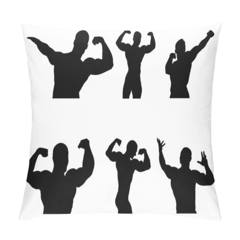 Personality  Set Group Male Athletes Bodybuilders At Bodybuilding Black Silhouette On White Background, Sports Vector Illustration Pillow Covers