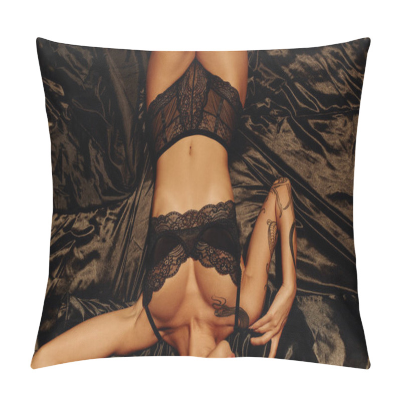 Personality  Top View Of Cropped Woman In Sexy Underwear Lying On Black Satin Bedding Pillow Covers