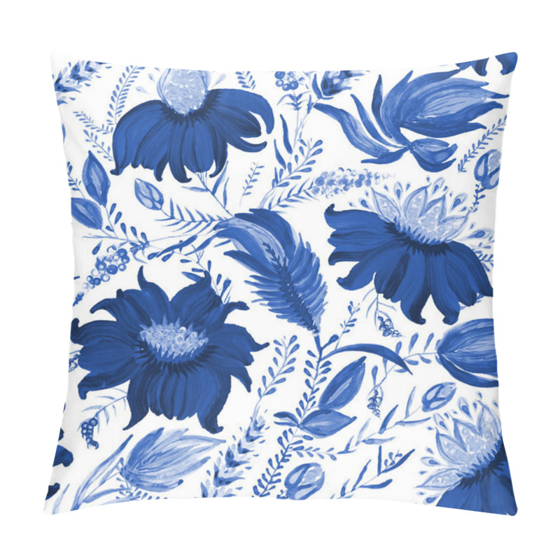 Personality  Blue Floral Seamless Pattern In Ukrainian Folk Painting Style Petrykivka. Hand Drawn Fantasy Flowers, Leaves, Branches Isolated On A White Background. Batik Paint, Wallpaper, Textile Print Pillow Covers