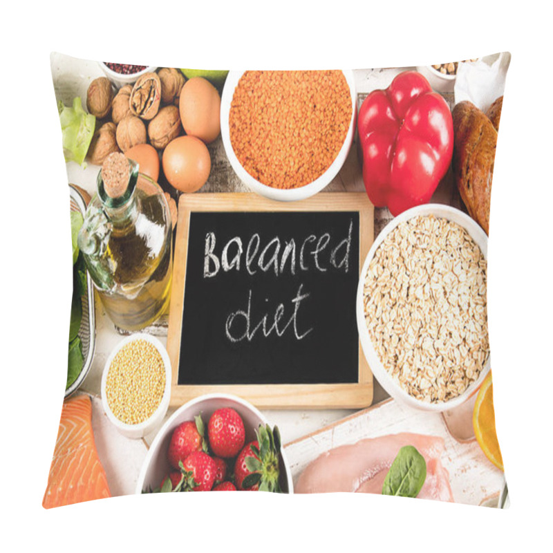 Personality  Balanced Diet. Healthy Food Concept. Ingredients For Cooking.Top View Pillow Covers