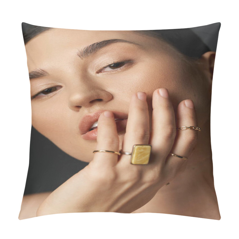 Personality  A Close-up Shot Of A Young Womans Hand, Showcasing Her Golden Rings Against A Dark Background. Pillow Covers