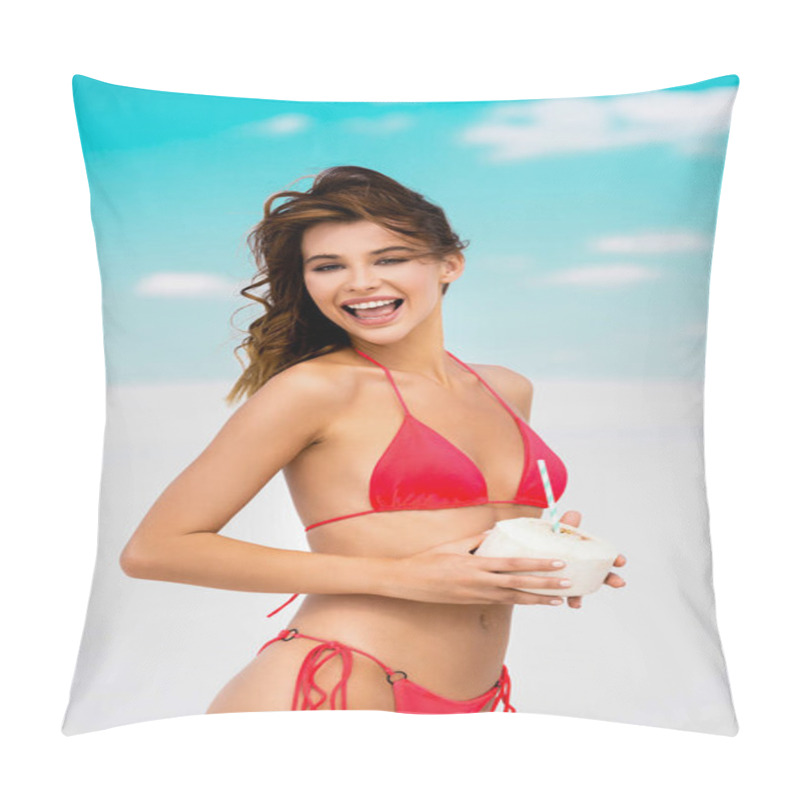 Personality  Smiling Beautiful Sexy Girl In Swimsuit On Beach With Coconut Drink Pillow Covers