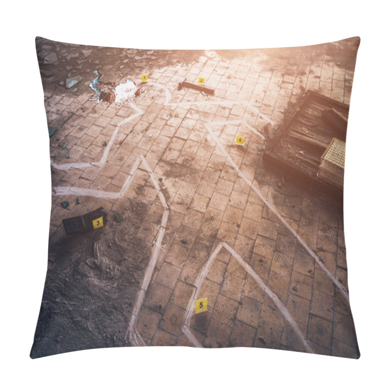 Personality  Crime Scene With White Chalk Outline Of Killed Body, Blood An Floor. Murder Investigation Concept Pillow Covers