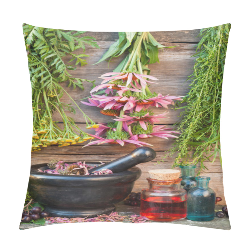 Personality  Bunches Of Healing Herbs On Wooden Wall, Black Stone Mortar And Pillow Covers