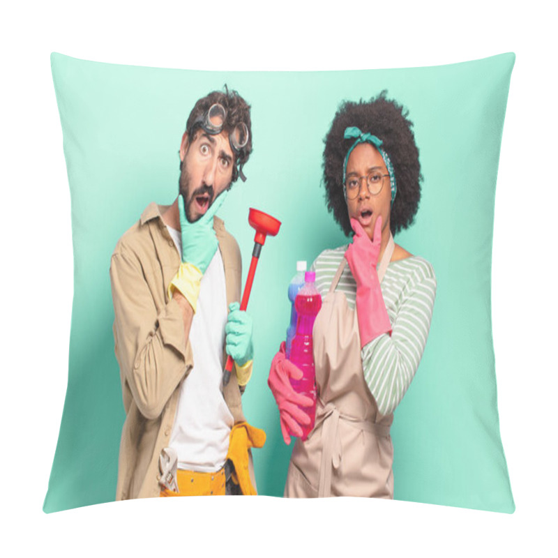 Personality  Mixed Couple With Mouth And Eyes Wide Open And Hand On Chin, Feeling Unpleasantly Shocked, Saying What Or Wow. Housekeeping Concept.. Home Repairs Concept Pillow Covers