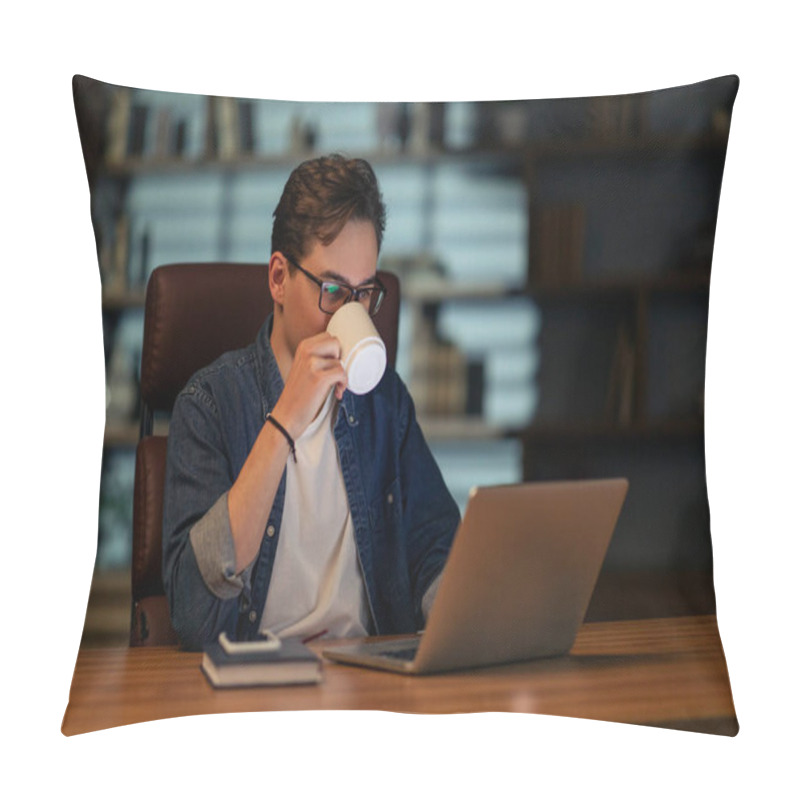 Personality  Hard-working Young Man Employee Working Late At Home Office, Guy Wearing Casual Outfit And Eyeglasses Sitting At Workdesk In Dark Room, Using Modern Pc Laptop, Drinking Coffee, Copy Space Pillow Covers