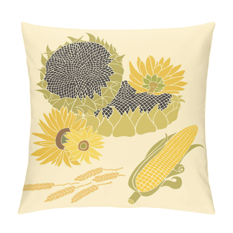 Personality  Sunflower And Corn Vector Greeting Card On The Bright Background Pillow Covers