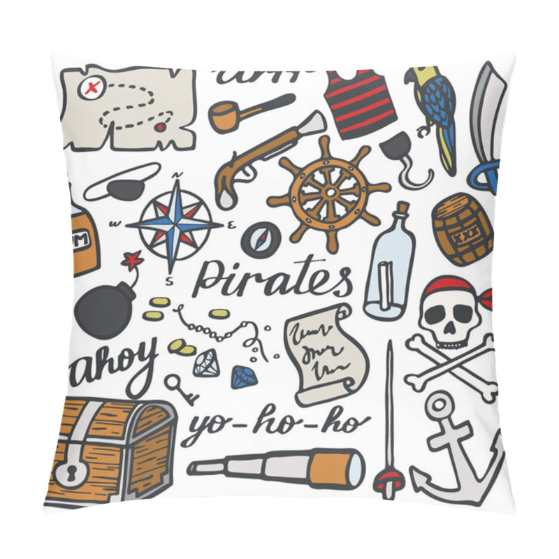 Personality  Pirate Set, Sea And Treasures. Hand-drawn Cartoon Collection. Doodle Drawing. Pillow Covers