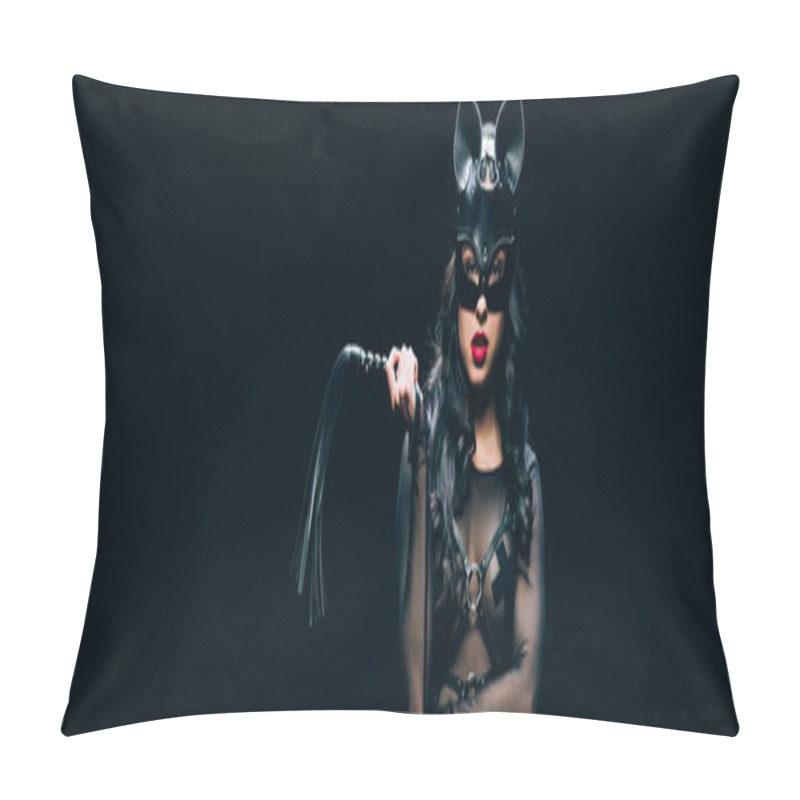 Personality  Panoramic Shot Of Sexy Young Brunette Woman In Bdsm Costume And Mask With Leather Flogging Whip Isolated On Black Pillow Covers