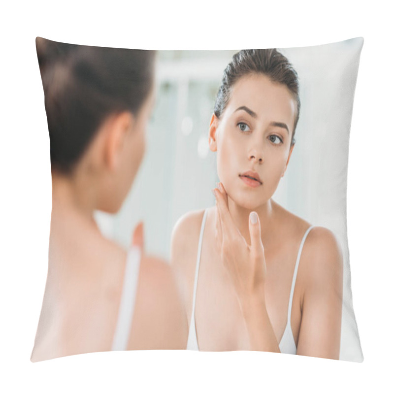 Personality  Beautiful Young Woman Looking At Mirror In Bathroom Pillow Covers