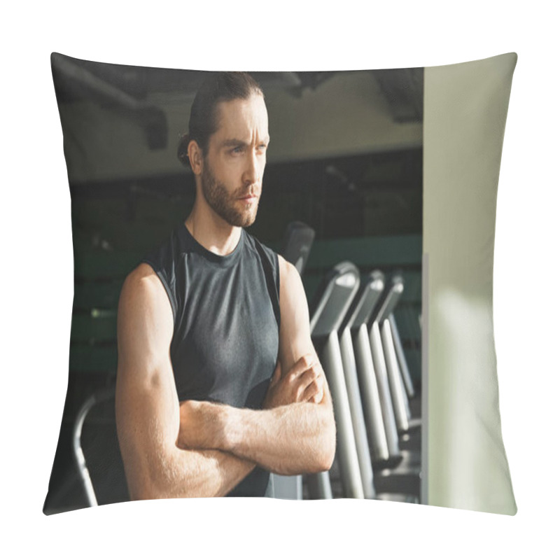 Personality  An Athletic Man In Active Wear Stands Confidently In Front Of A Row Of Treadmills In A Gym Setting. Pillow Covers