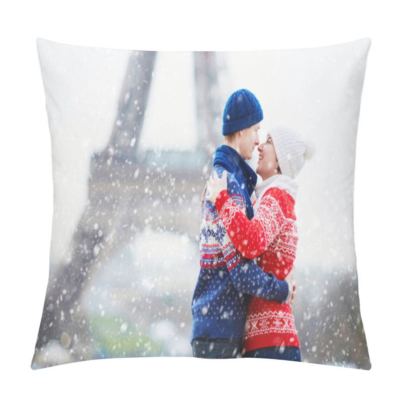 Personality  Happy Couple Near The Eiffel Tower On A Winter Day Under The Falling Snow. Trip To Paris During Season Holidays Pillow Covers