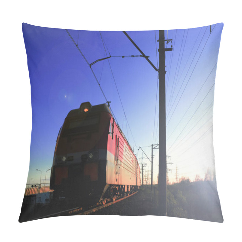 Personality  The Locomotive Of A Freight Train Carrying Goods. At Sunset. Pillow Covers