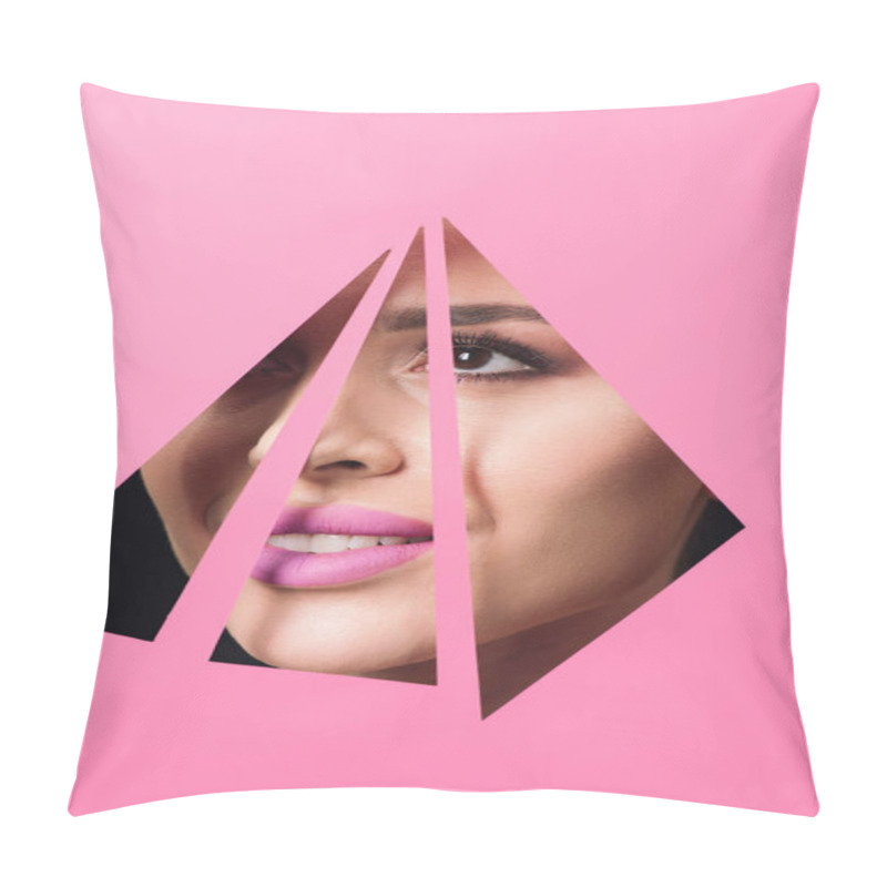 Personality  Woman With Smoky Eyes And Pink Lips Smiling Across Triangular Holes In Paper On Black Background Pillow Covers