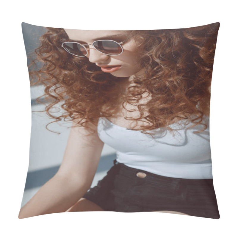 Personality  Red Hair Stylish Girl In Sunglasses Pillow Covers