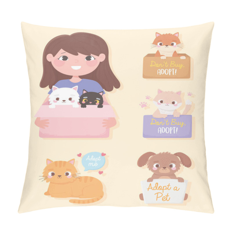 Personality  Adopt A Pet, Girl With Cats In Box And Little Animals With Letterings Pillow Covers