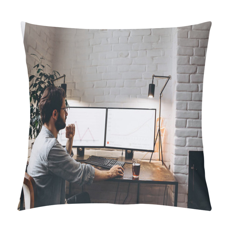 Personality  Adult Bearded Man Working Sitting At Home Desk At Computer, Working Online Pillow Covers