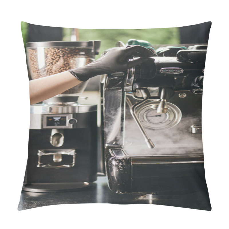 Personality  Professional Coffee Machine, Cropped View Of Barista In Latex Glove Near Steamer And Coffee Grinder  Pillow Covers