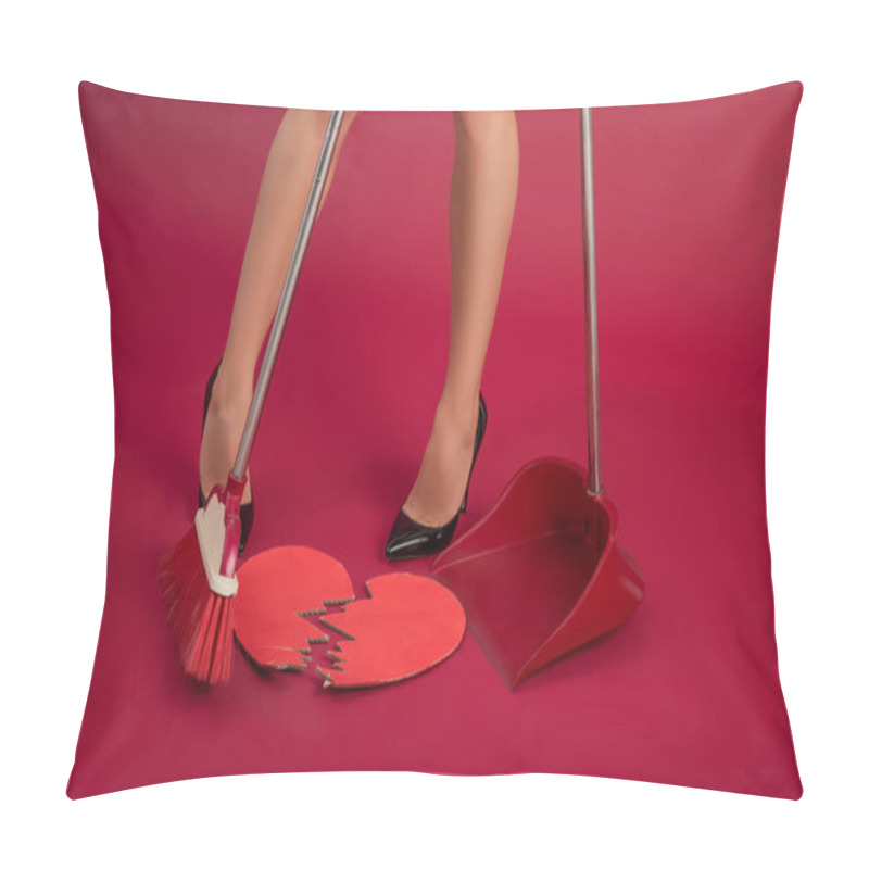 Personality  Partial View Of Sexy Girl In High Heeled Shoes Sweeping Broken Paper Heart With Broom And Scoop On Red Background Pillow Covers