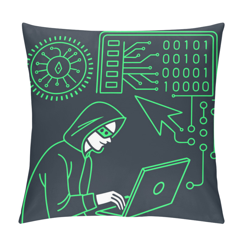 Personality  A Bold Vector Featuring Hacker Motifs In Neon Green Against Dark Backgrounds, Symbolizing Cybersecurity, Hacking Culture, And Technology. Pillow Covers