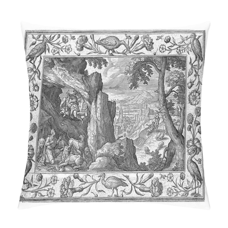 Personality  Hill Landscape. In The Foreground A Cave With Lions, With Daniel In The Middle. The Scene Is Shown To The Prophet Habakkuk By An Angel, Who Holds Him With His Hair. Pillow Covers