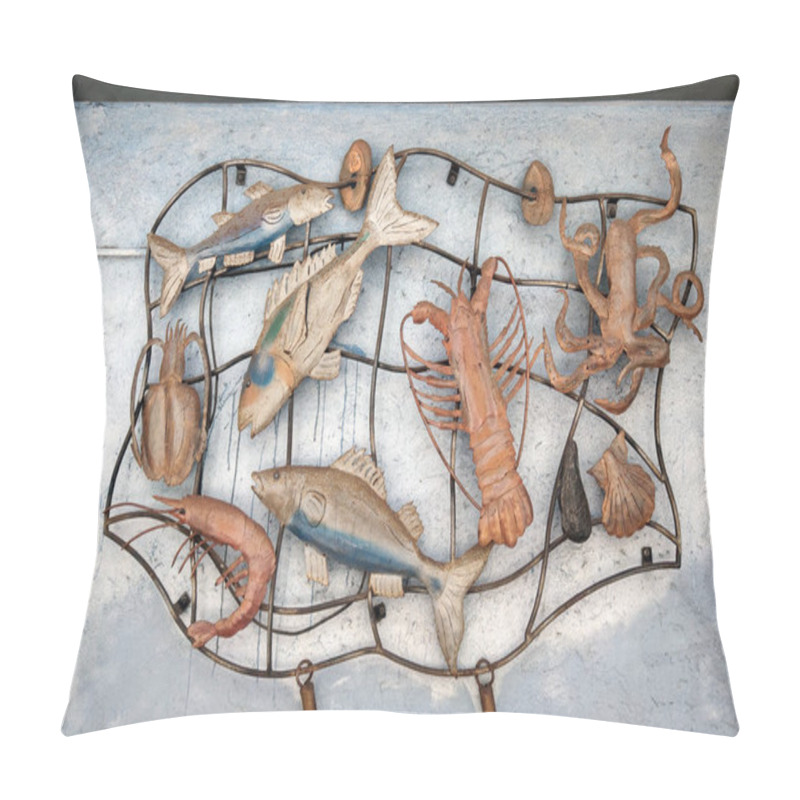 Personality  Lloret De Mar, Spain, October 3, 2024: Nautical Wall Art Showcasing A Variety Of Sea Creatures, Including Fish, Crabs, A Lobster, An Octopus, And A Shrimp. The Rustic Design Essence Of Ocean Life, Perfect For Coastal-themed Decor And Marine Enthusias Pillow Covers