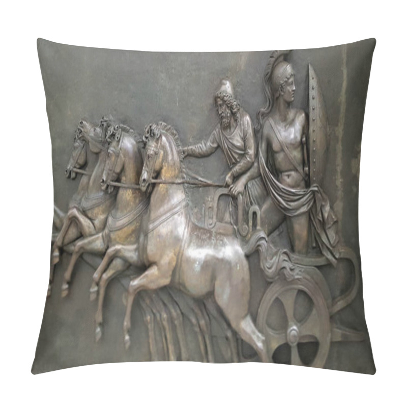 Personality  CORFU, GREECE- January 21, 2018:  Metallic Panel Depicting Achilles In His Chariot During The Trojan War In The Achilleion Palace, On Corfu Island, Greece Pillow Covers