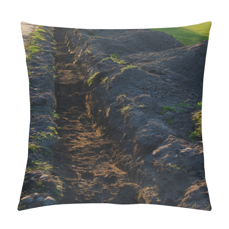 Personality  Dug In The Ground Trench For The Pipeline. In The Evening On The City Street. Pillow Covers