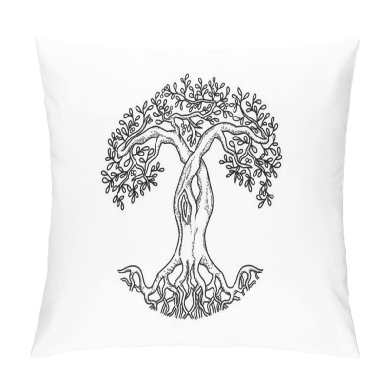 Personality  Ancient Tree Hand Drawing. Tree Logo Design With Line Art Style.  Pillow Covers